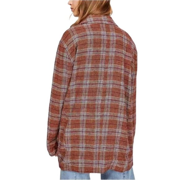 Free People Simply Plaid Relaxed Unstructured Linen Blazer Plaid Pockets Size M - Picture 4 of 12